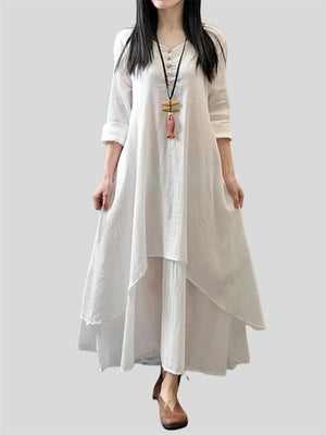 Casual V Neck Long Sleeve Swing Linen Dress