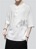 Lotus Flower Dragonfly Embroidered Men's Half Sleeve Shirts