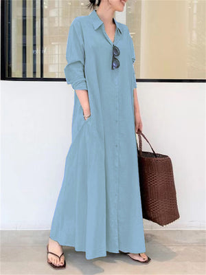 Minimalist Lapel Collar Long Sleeve Pocket Maxi Shirt Dress