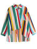 Rainbow Stripes Irregular Hem Lapel Shirt + Swing Skirt for Women