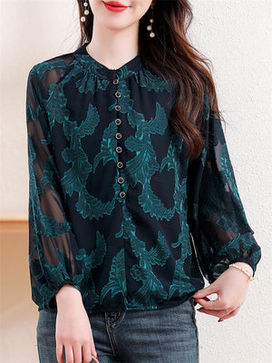 Women's Leisure Dark Green Jacquard Breathable Sleeve Chiffon Shirt