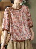 Women's Linen Silky Round Neck Short Sleeve Print Shirt