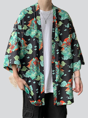 Men's Retro Dragon Tiger Print Summer Cardigan Shirt