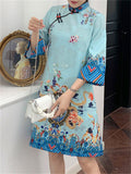 Loong Print Qipao Midi Dress for Ladies