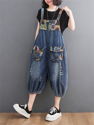 Female Cute Print Youthful Splice Denim Jumpsuits