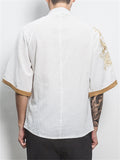 Men's Dragon Embroidery Short Sleeve Cozy Linen Shirt