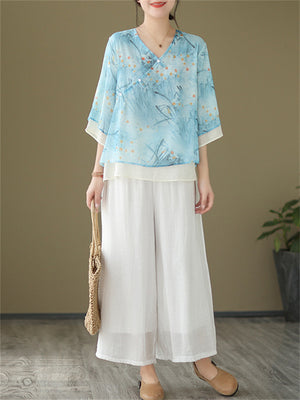 Women's Chinese Style V-Neck Double-Layer Floral Shirts