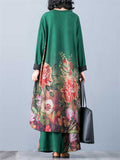 Beautiful Peony Print V Neck Long Sleeve Shirt + Loose Pants