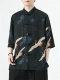 Chinese Style Knot Button Half Sleeve Flying Crane Print Shirt