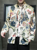 Men's Flower Leaf Print Vintage Tang Suit Tassel Button Jacket