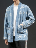 Chinese Style Hanzi Print Front Lace Up Denim Jacket for Men