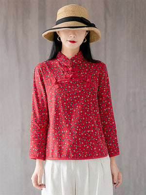 Women's Mini Floral Print Vintage Stand Collar Linen Shirt