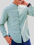 Male Linen Cotton Slim Fit Banded Collar Long Sleeve Shirt