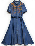 Women's Orange Leaf Embroidery Lapel Button Blue Denim Dress