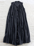 Female Simple Cotton Crew Neck Sleeveless Pleated A-Line Dress