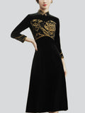 Women's Elegant Velvet Stand Collar Midi Embroidery Qipao