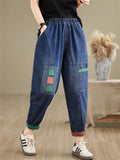 Female Two-color Patch Elastic Waist Spring Summer Jeans