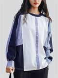 Ladies Crew Neck Patchwork Multi-button Decor Long Sleeve Shirts