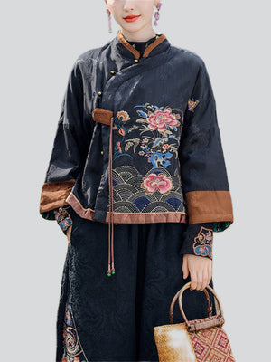 Retro Peony Butterfly Embroidery Women's Short Coat