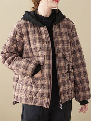 Women's Casual Hooded Zipper Short Plaid Cotton Coat