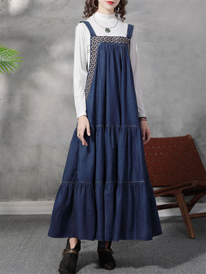 Fashionable Lady Heart Embroidery Sleeveless Denim Suspender Dress