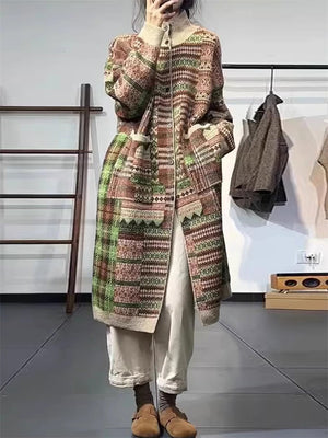 Female Ethnic Style Jacquard Mid-length Single-breasted Knit Coat