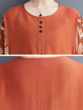 Scoop Neck Button Decoration Print Short Sleeve Shirt for Women