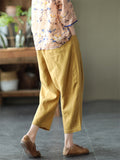 Cotton Linen Elastic Waist Solid Patchwork Women's Pants