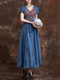 Women's Summer Ethnic Style V-neck Embroidered Denim Dresses