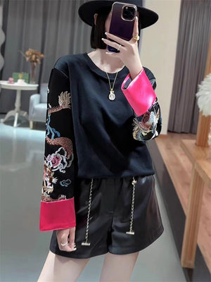 Dragon Embroidery Long Sleeve Round Neck Shirt for Women