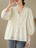 Female Popular V-Neck Lace Splicing Lantern Sleeve Shirt