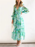 Sexy Deep V Neck Lantern Sleeve Flowy Print Dress for Lady