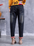 Women's Chic Embroidery Warm Plush Liner Dark Blue Jeans