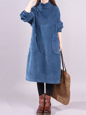 Female Leisure Turtleneck Plush Lining Corduroy Midi Dress