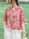 Female Cozy Cotton Linen V-neck Half Sleeve Floral Shirt