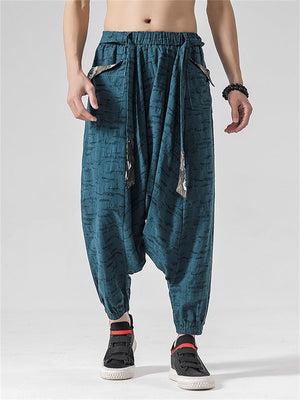 Chinese Style Men's Patchwork Harem Pants with Decorative Belt