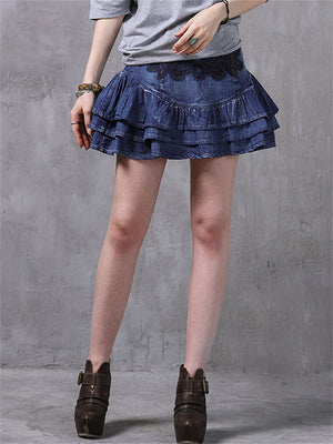 Women's Stylish Multi-Layer Embroidery Blue Denim Short Skirt