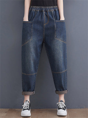 Women's Blue Patchwork Elastic Waist Loose Jeans