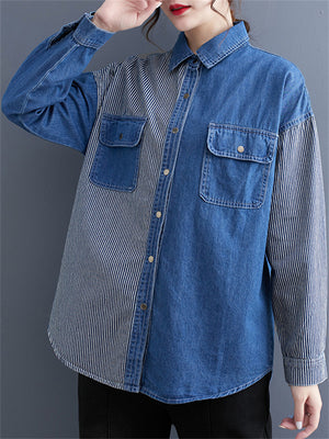 Lady Button Up Stripe Splicing Denim Shirts