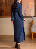 Women's Elegant High-Rise Side Slit Blue Denim Embroidery Qipao