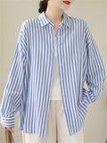 Summer Extra Thin Striped Lapel Button Up Shirt for Women