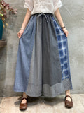 Women's Stylish Plaid Patchwork Drawstring Wide-Leg Jeans