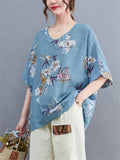 Female Bohemian Style Scoop Neck Half Sleeve Floral Print Shirt