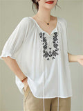 Casual Tassel Lace Up Dandelion Embroidery Shirt for Women