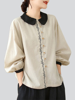 Lady Elegant Sweet Lantern Sleeve Contrast Color Shirt