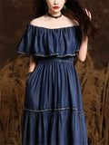 Romantic Off Shoulder Ruffles Patchwork Denim Dress for Women