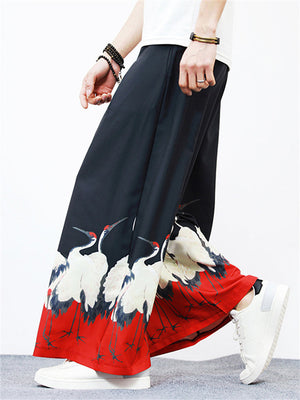 Men's Unique White Crane Landscape Print Wide-Leg Pants