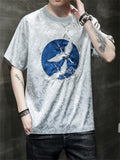 White Crane Embroidery Summer Round Neck T-shirt for Men