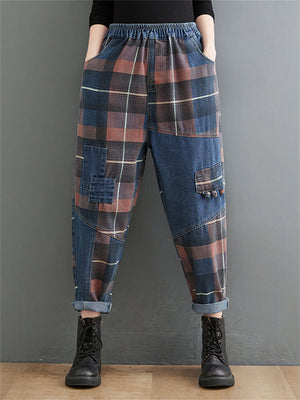 Retro Slimming Color Block Plaid Jeans for Women