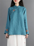 Ancient Chinese Style Floral Embroidery Linen Shirt for Women